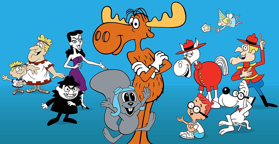 a group of silly cartoon characters, including a moose, a squirrel wearing an aviator’s helmet, a Mountie, a horse in a Mountie uniform, a dog with spectacles, a little boy, a mischievous looking man and woman, and a man and a boy dressed in togas