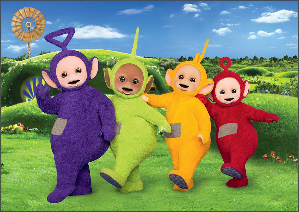 Four happy alien-like creatures with antennae dancing in a line on a field of grass