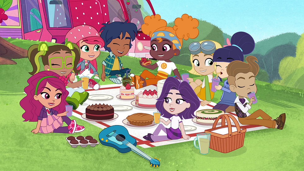 a cartoon of nine children seated on a picnic blanket on a grassy field eating cakes, pies and other sweets