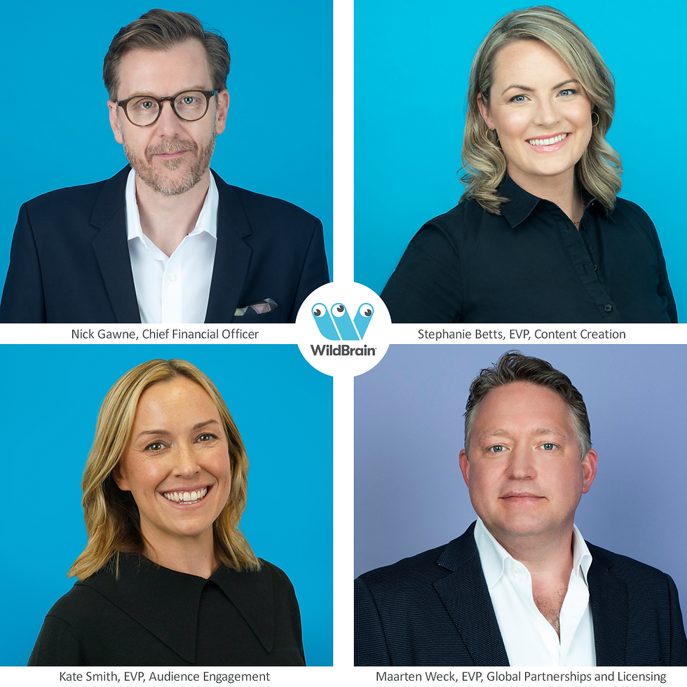 Four corporate headshots with the following labels underneath: Nick Gawne, Chief Financial Officer; Stephanie Betts, EVP, Content Creation; Kate Smith, EVP, Audience Engagement; Maarten Weck, EVP, Global Partnerships and Licensing.