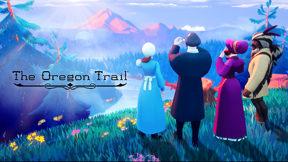 Four people in old-fashioned clothing looking at a mountain view from a grassy hilltop, with a title reading The Oregon Trail