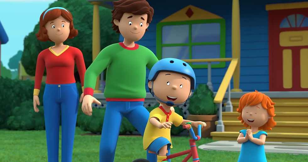 A CG-animated boy rides his bike next to his parents and little sister.