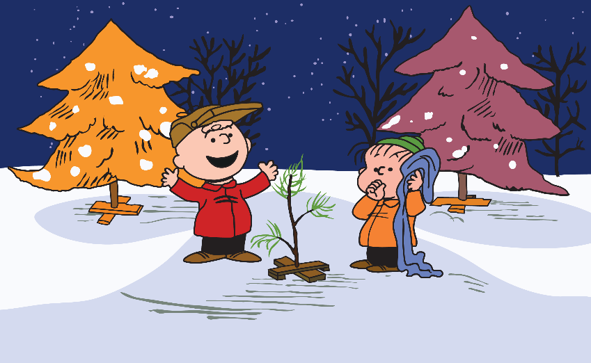 Two animated boys standing among fake Christmas trees