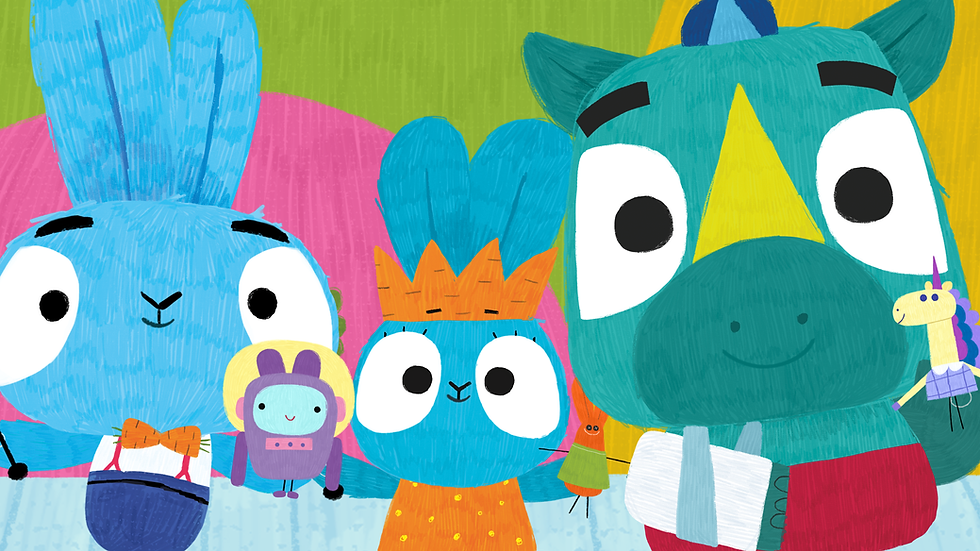 Two animated blue bunnies and a teal rhino look right to the viewer and hold up colourful animal toys.