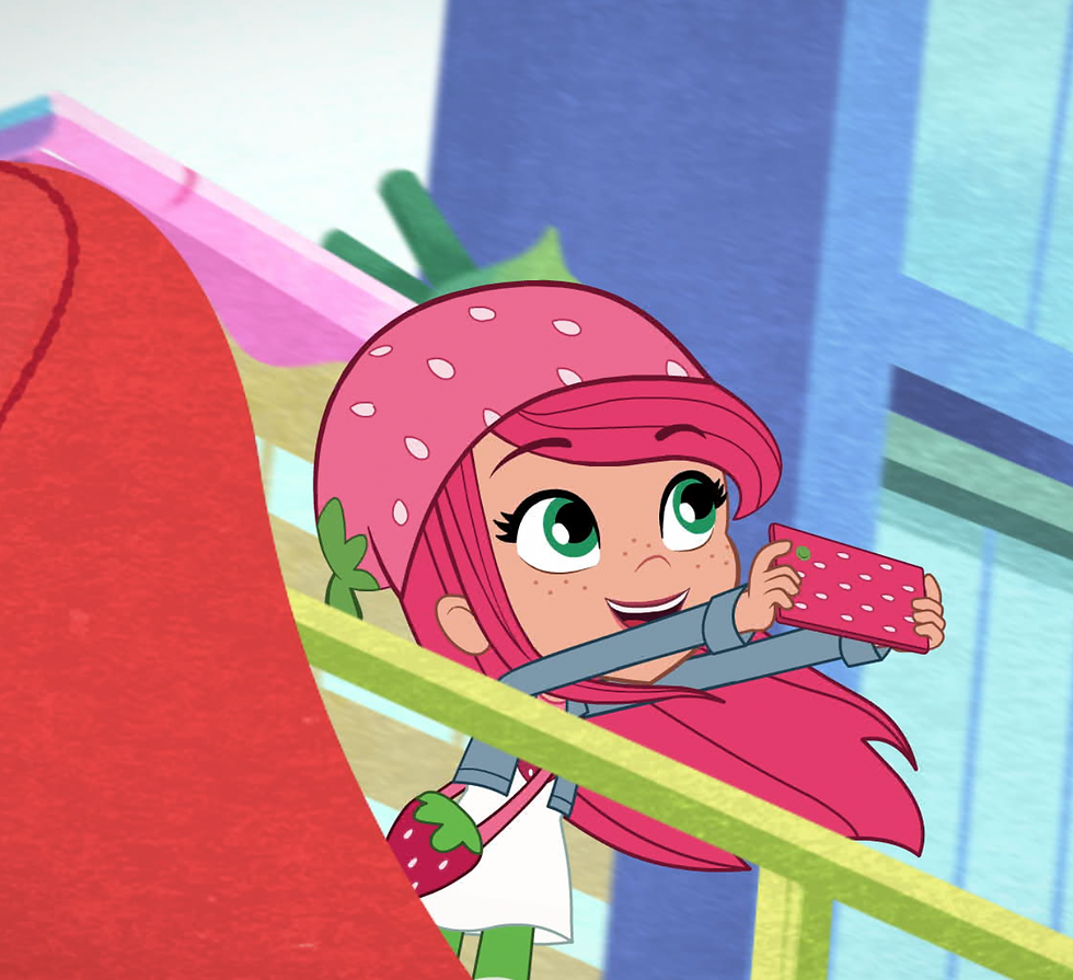 An animated strawberry-themed girl holds up her strawberry-phone and takes pictures of the city.