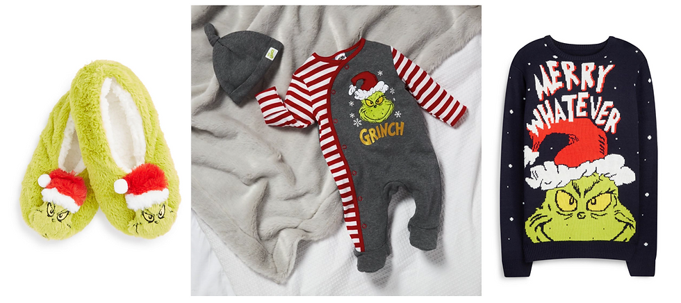 a collage of 3 images, slippers, pajamas and a sweatshirt featuring an image of a green cartoon character