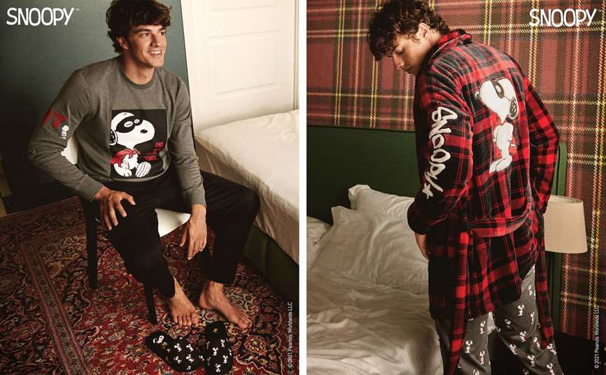 two images of a young man dressed in flannel pajamas