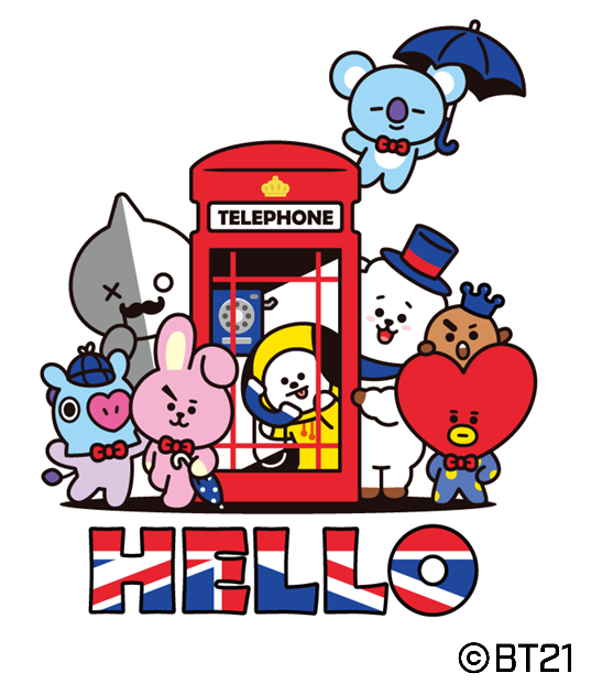 cartoon characters surrounding a red telephone booth
