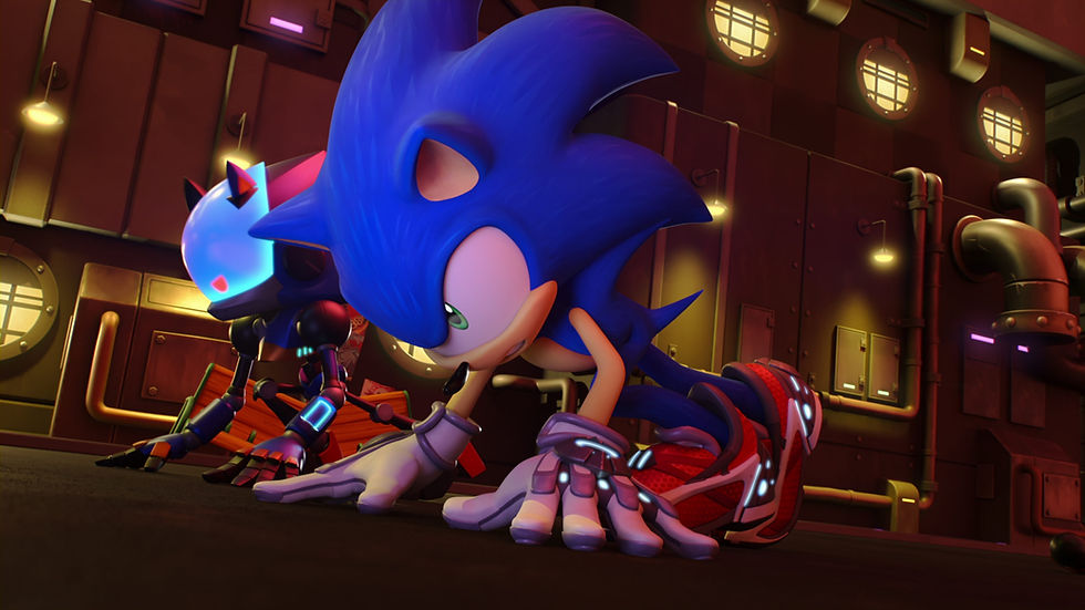 A CG-animated blue hedgehog and robot hedgehog crouch in a ready position.