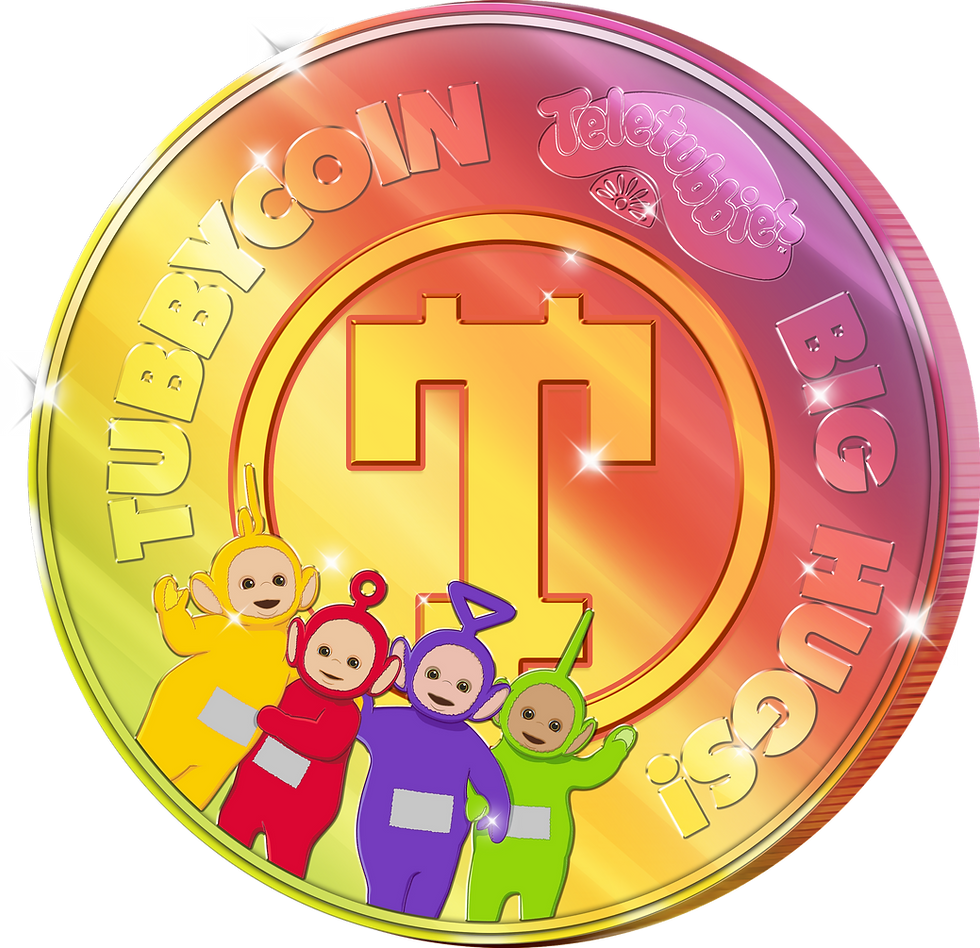 a gold looking coin with image of 4 Teletubbies