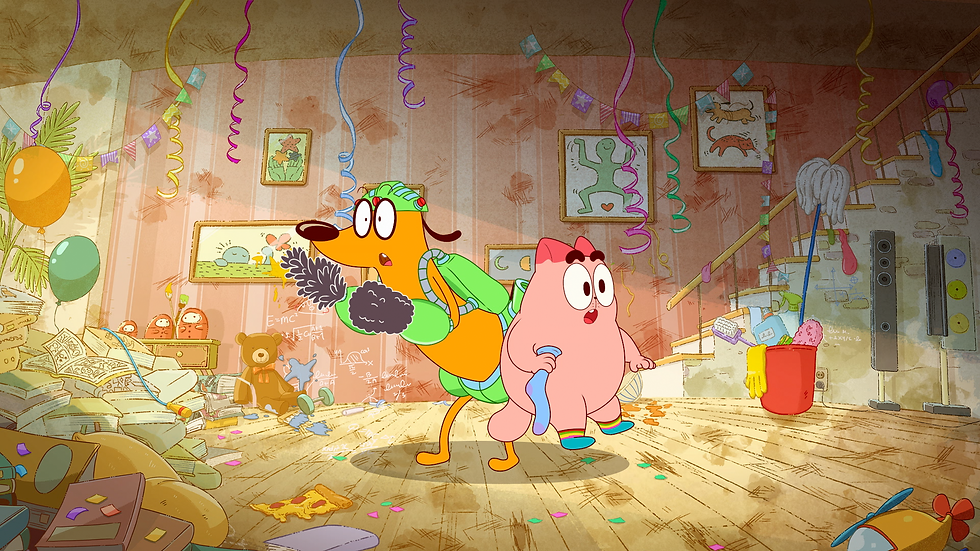A cartoon dog and cat stand in the middle of a messy room.
