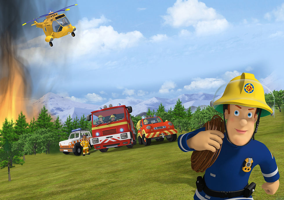 a cartoon scene of  a firefighters battling forest fires 