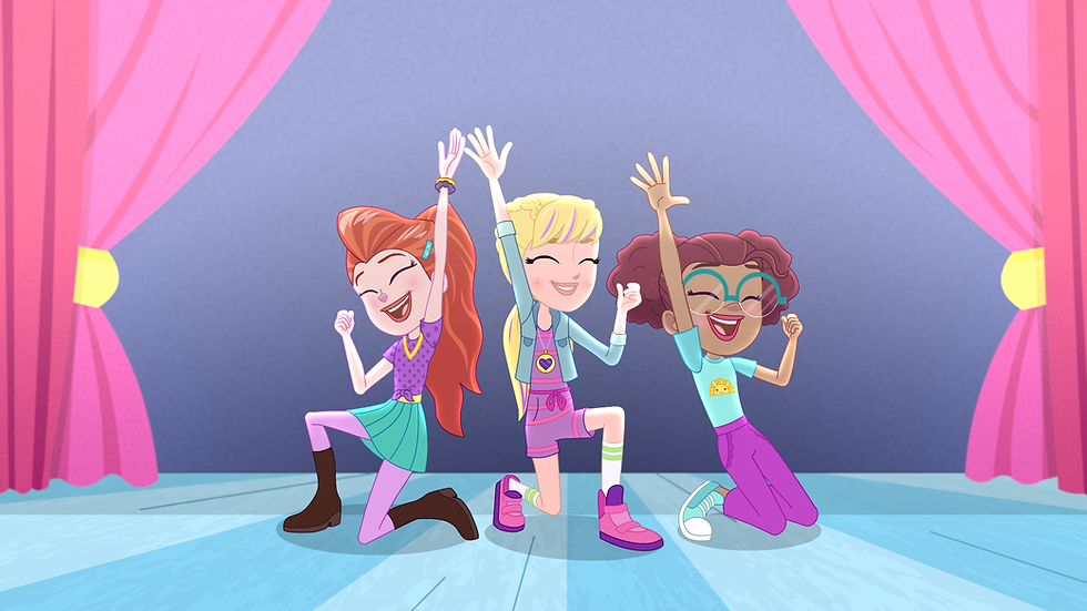 Cartoon image of three smiling girls kneeling on a stage, hands in the air.