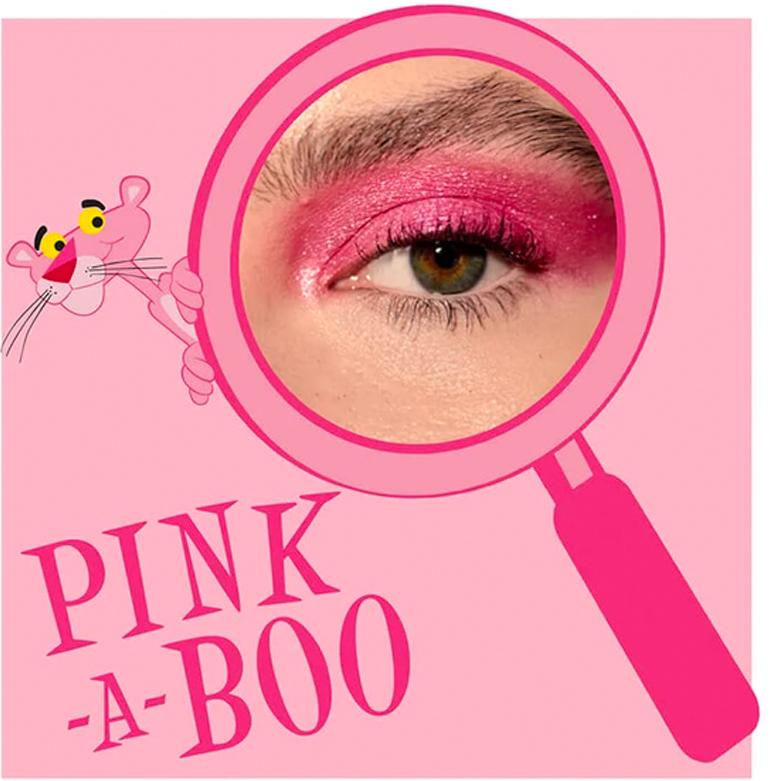 a pink packaging of a woman's eye with pink panther decoration and Pink-A-Boo lettering
