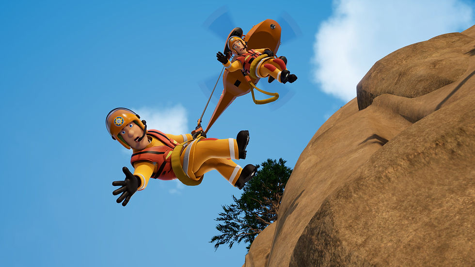 Cartoon image of two rescue workers hanging by ropes from a helicopter on a cliffside. 