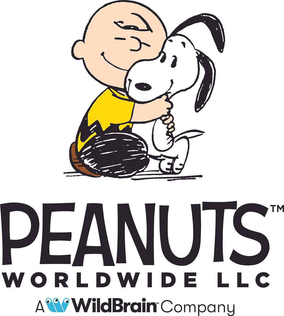 A logo that says "Peanuts Worldwide LLC: A WildBrain Company" featuring a cartoon boy hugging a beagle.