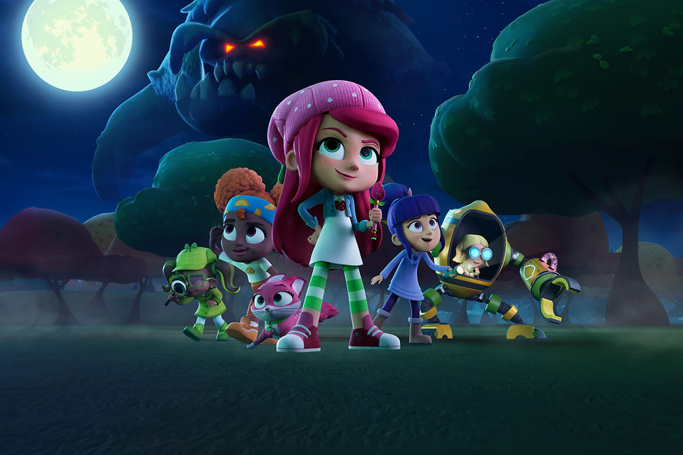 A group of CG-animated fruit themed characters stand and pose confidently, with a large monster looming over them in the moonlight.