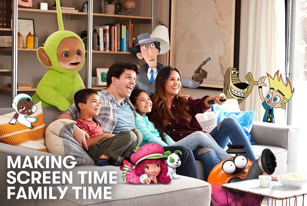 Family of four sitting on the couch, watching TV, animated characters are standing around them