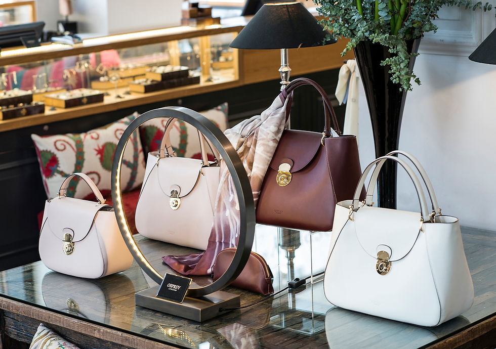 upscale store stand with women's purses