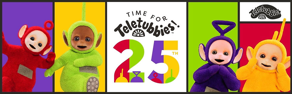 Four alien costume characters in a banner with a header that reads, "Time for Teletubbies! 25th"