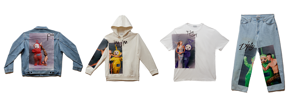 A jean jacket, a hoodie, a t-shirt and a pair of jeans are displayed, each with images of costumed characters posing with models.