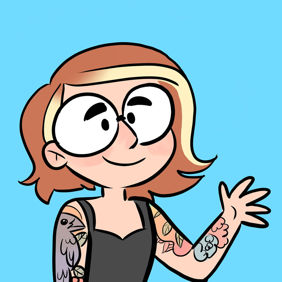 cropped illustration of a person with brown hair, wearing glasses, with tattoo sleeves on their arms