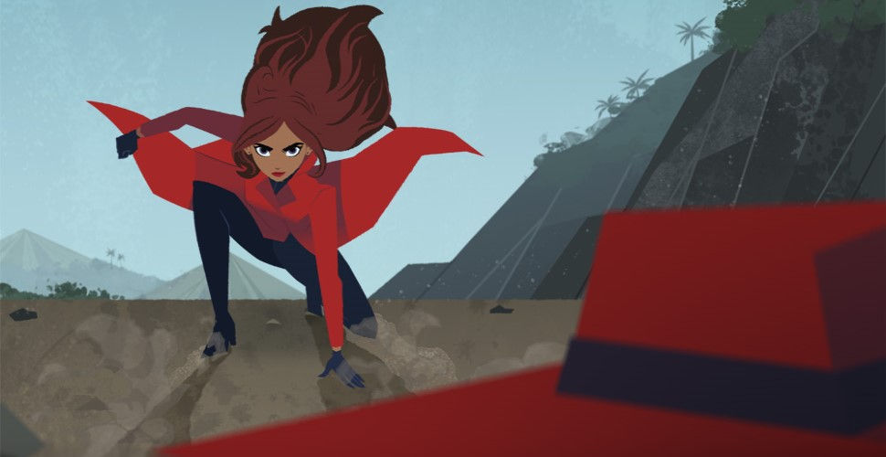 A brunette, female superhero kneeling beside a grey cliff. She is wearing a red coat, black pants and has a determined look on her face.