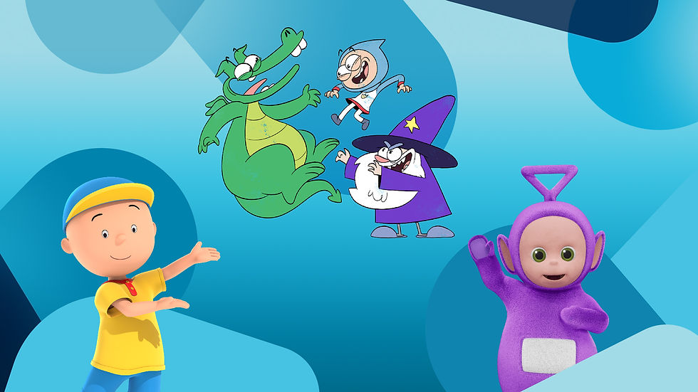 A blue graphic featuring cartoon characters from different shows: Caillou, Teletubbies Let's Go! and Boy and Dragon.