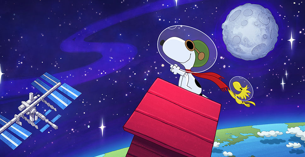 A white dog sitting on a red house and flying through space. The dog is wearing a red scarf and an astronaut helmet. A little yellow bird, with an astronaut helmet is holding on to the scarf.