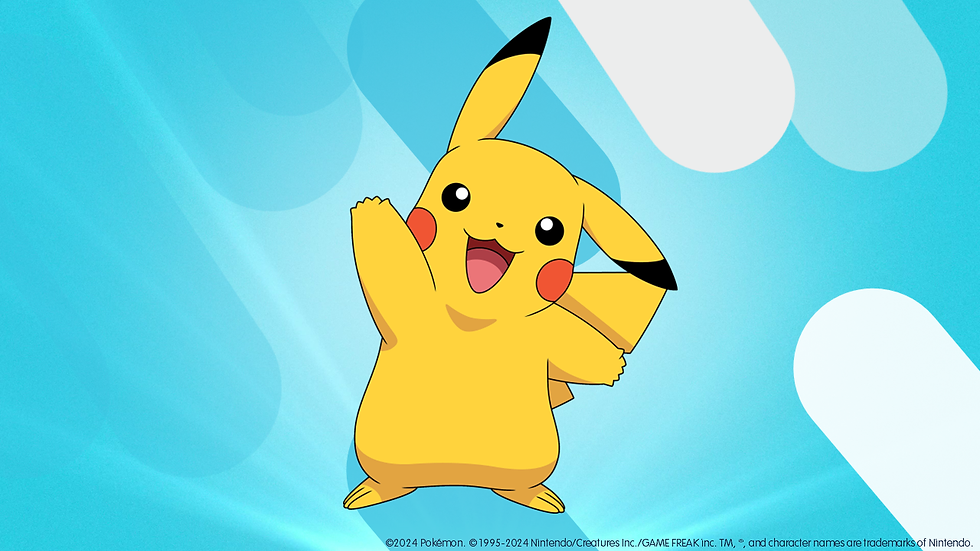 Pikachu standing while smiling and waving with a bright blue background 
