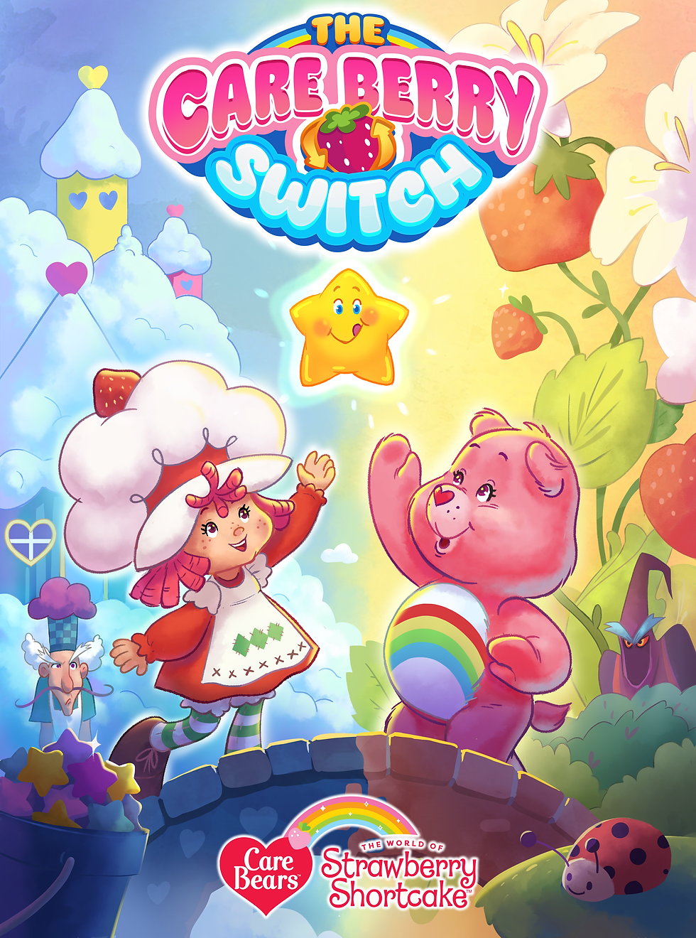Strawberry Shortcake and a Care Bear standing on a bridge together pointing up towards a star in a colourful and cloud-like world.