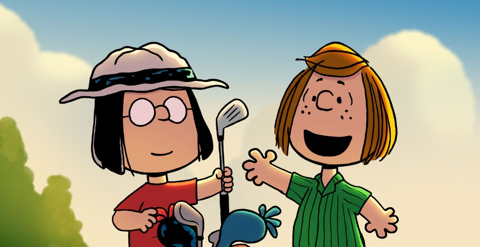 Marcie is passing a golf club to Peppermint Patty.