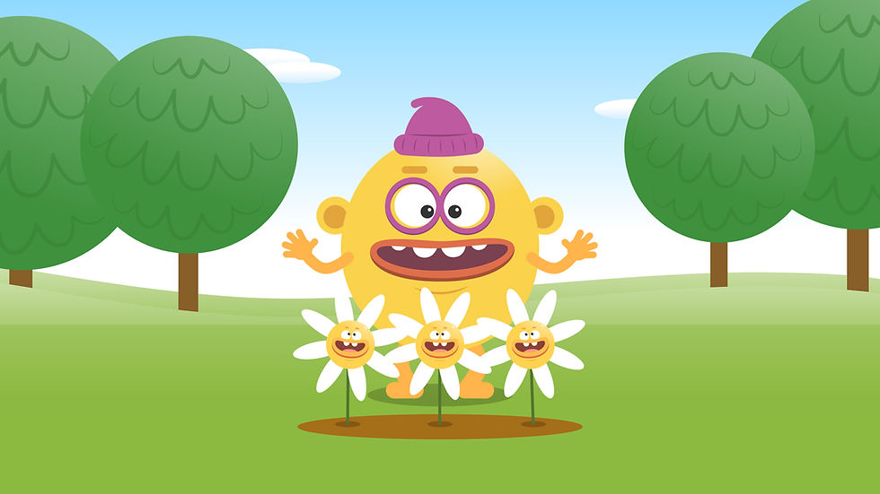 Animated smiling sun with a purple hat and glasses and standing in a field behind three daisies.