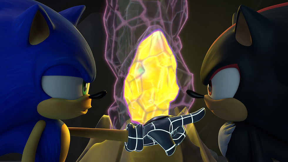 Sonic pointing at Shadow with a yellow gem in the background