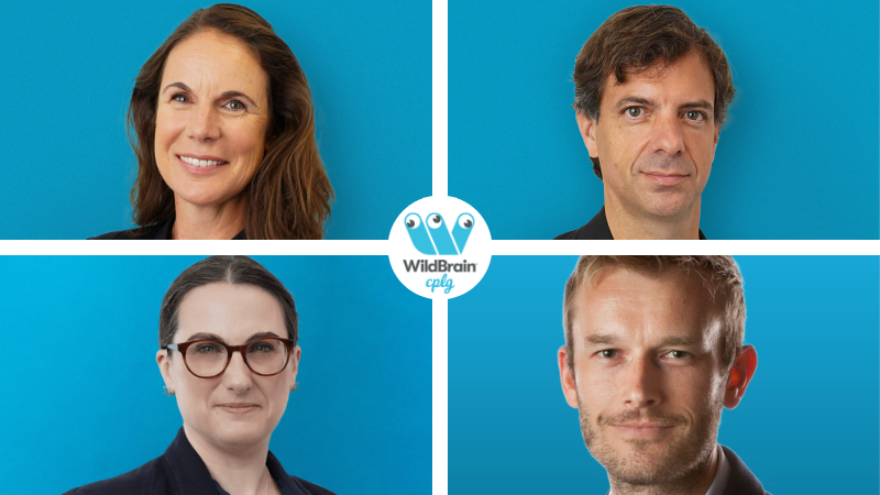 Four headshots of people on blue backgrounds in a grid 