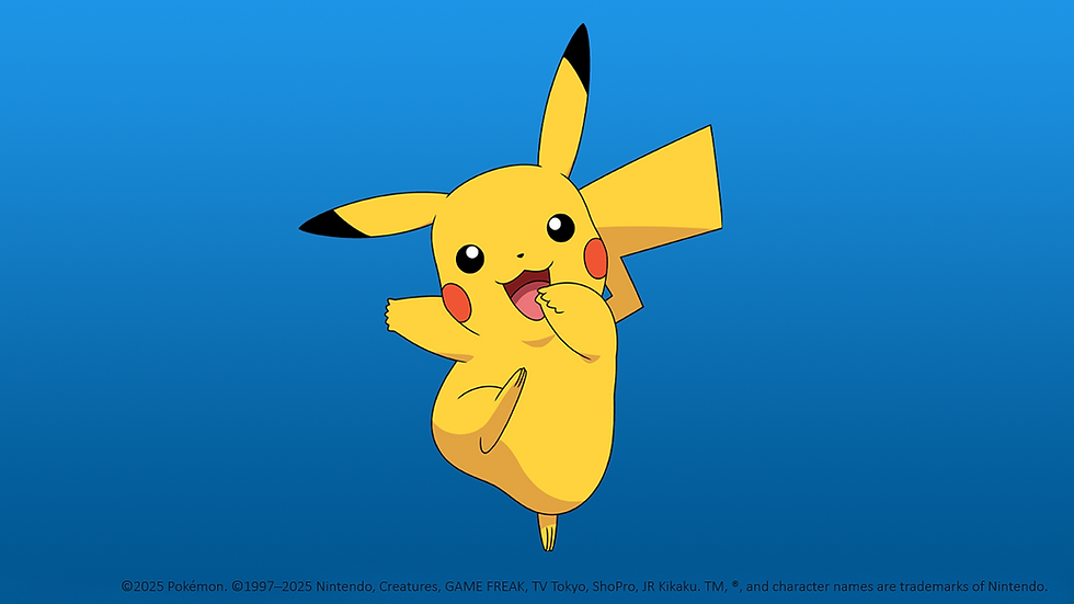 Blue background with Pikachu smiling and jumping.