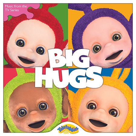 grid of 4 fuzzy, colourful characters, teh text" BIG HUGS" and Teletubbies logo