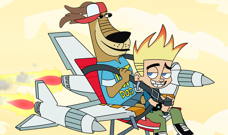 a boy and his dog riding a rocket jet pack