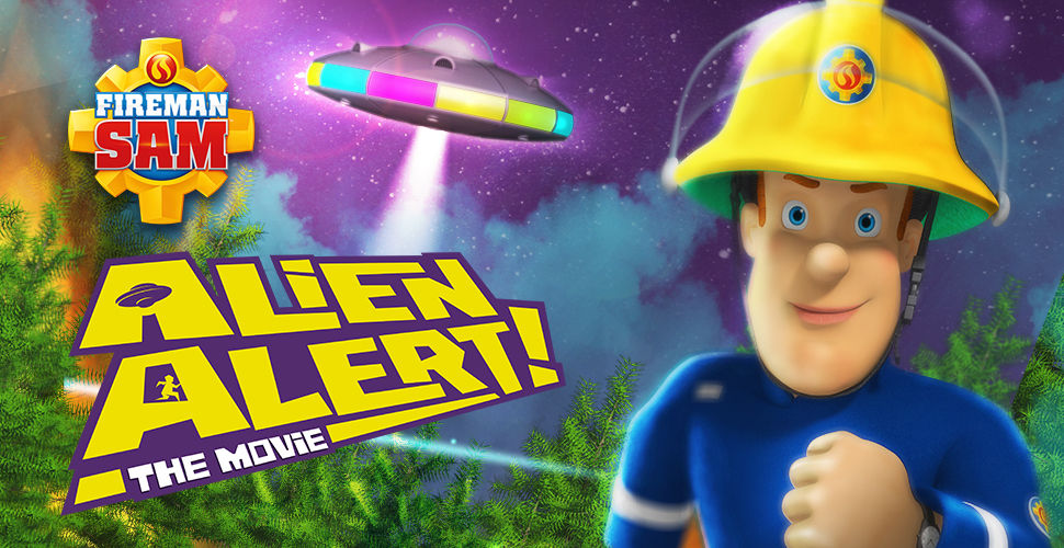 a fireman running away from a ufo in the forest with text "Fireman Sam Alien Alert! The Movie"