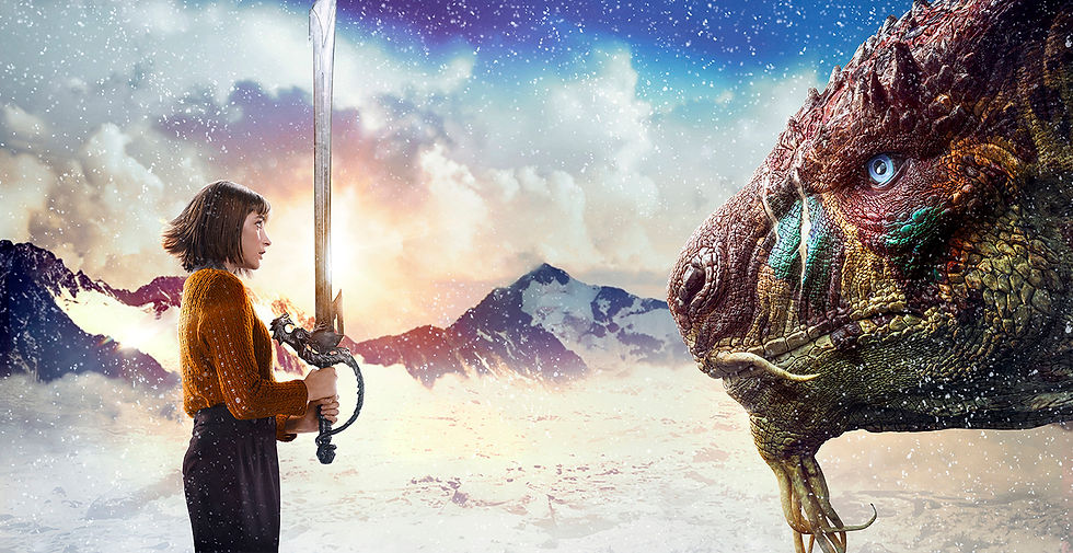 a young woman holding a sword, face to face with a dragon on a snowy mountain top
