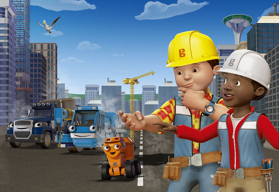 animated white and black construction workers point towards trucks