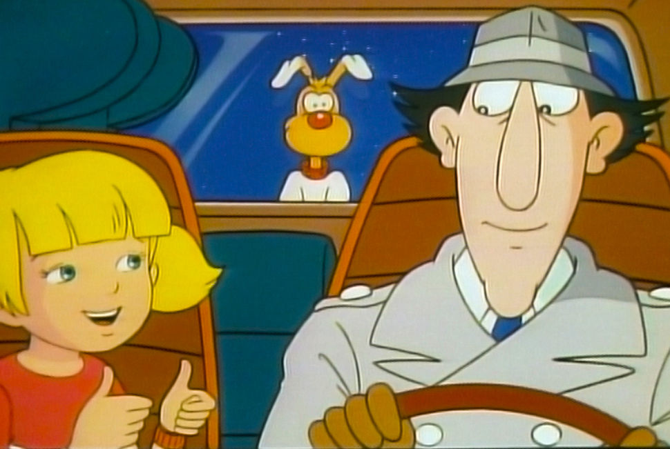 uncle and neice in a car with their dog looking through the rear window from outside