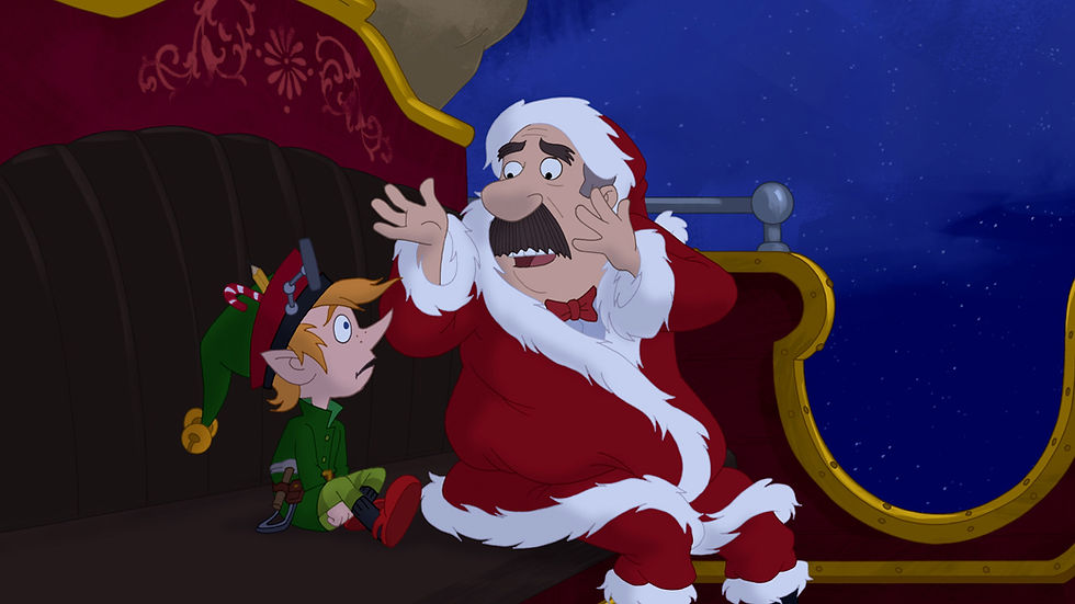 Santa and an elf in Santa's sleigh