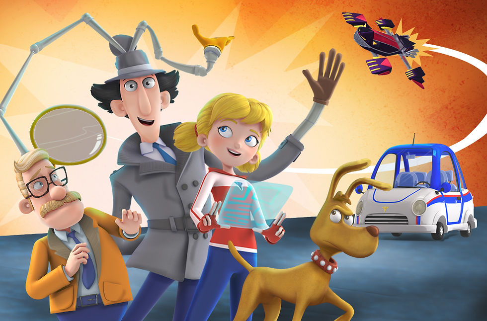 animated image of two men, a girl and a dog standing in front of a police car