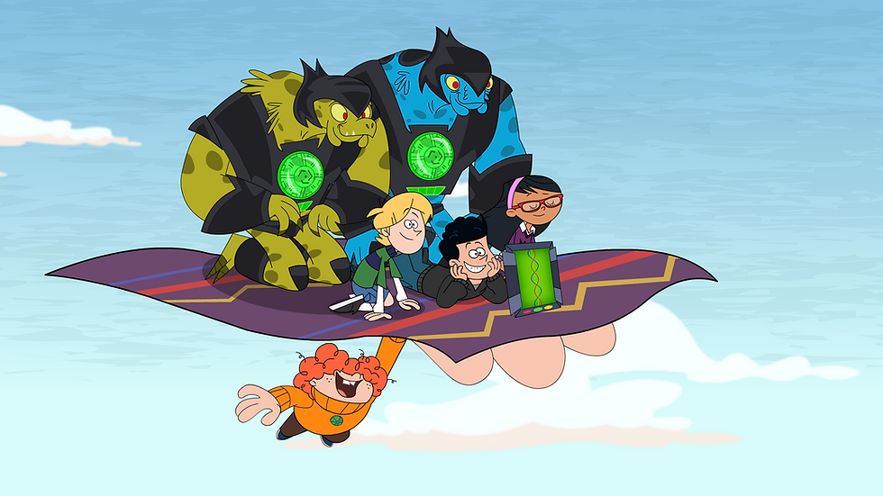 kids and space monsters ride a flying carpet through the sky