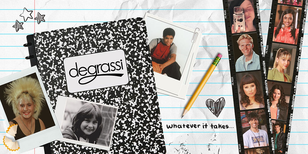 a collage of a Degrassi notebook and photos of students