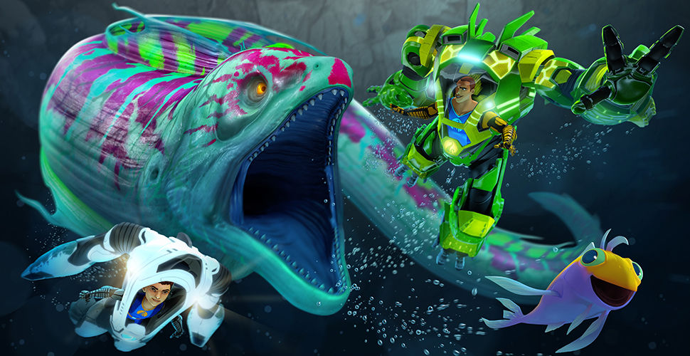 two people in robotic scuba suits swimming away from a water monster