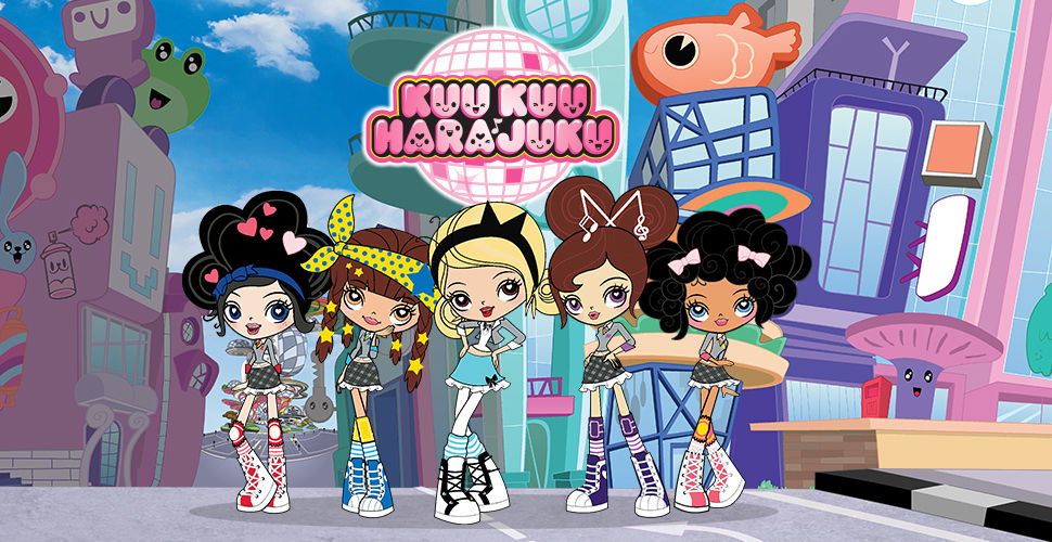 anime drawing of 5 girls in a colourful city with the Kuu Kuu Harajuku logo