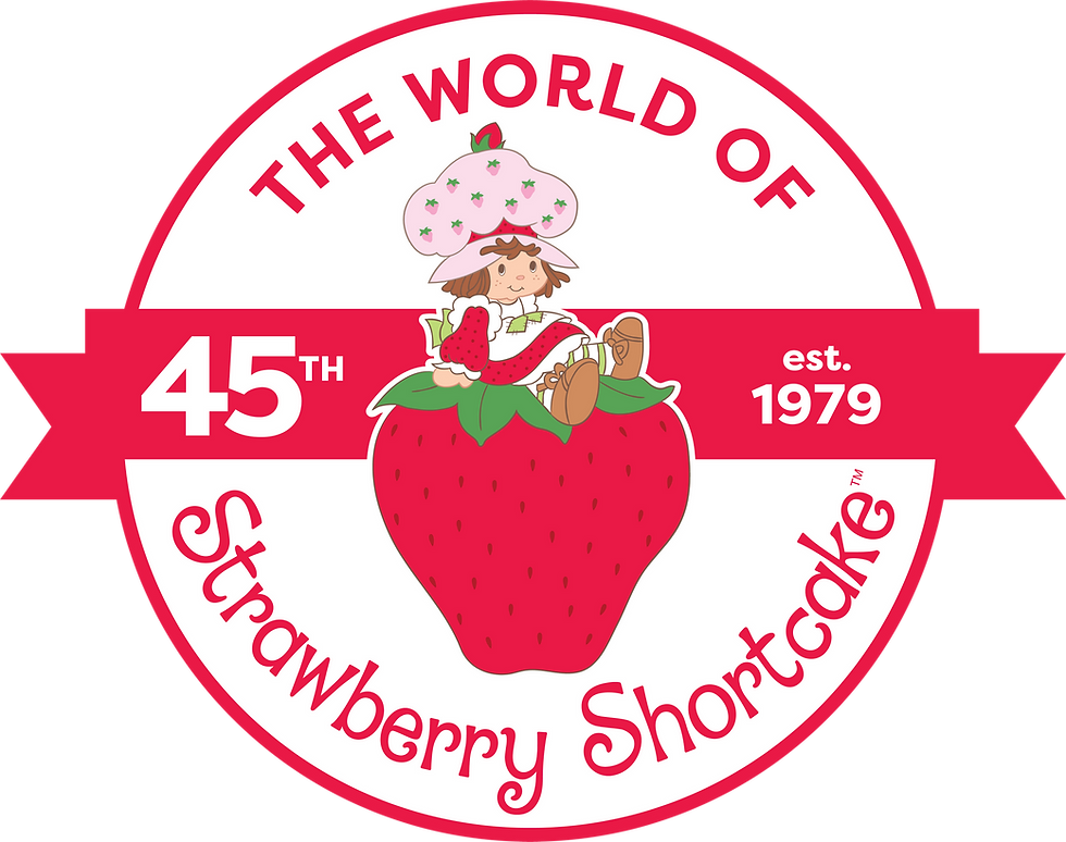 drawing of a girl sitting on top of a strawberry. "The World of Strawberry Shortcake. 45th. est. 1979"