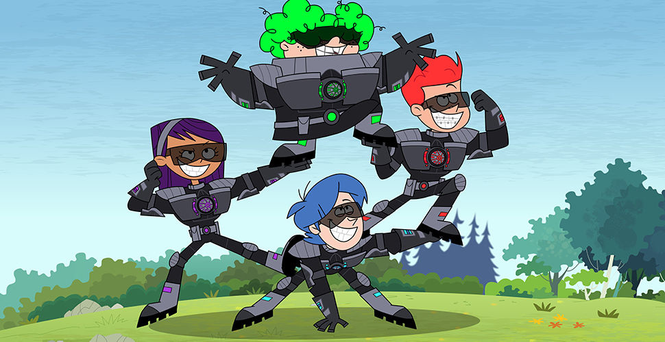 4 kids in robotic body suits
